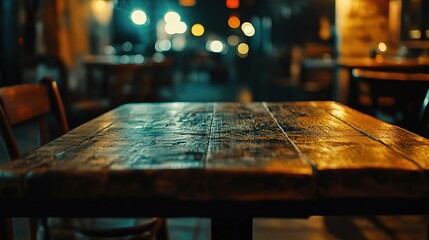 Obraz premium Rustic Wood Table Top with Warm Night Lighting and Soft Blur Effect