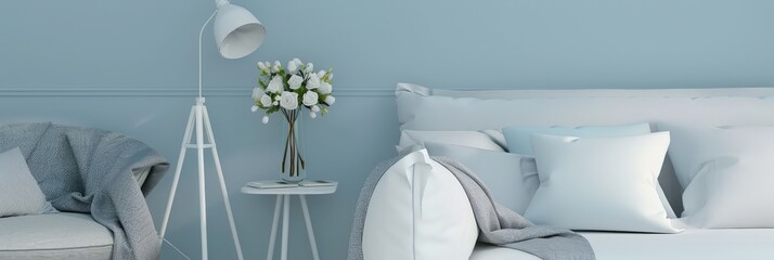 Minimalist living room interior with a white couch. a white floor lamp. and a white side table with a vase of white flowers