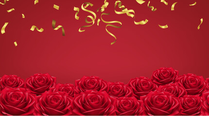 Valentines day background with red roses and golden confetti. Vector illustration.