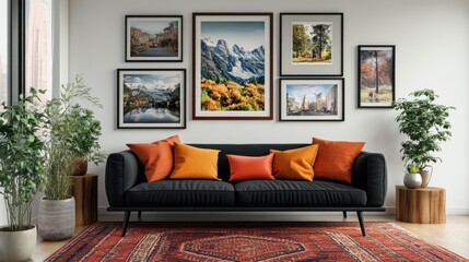 Modern living room with black sofa, orange pillows, gallery wall of landscape photos, and plants.