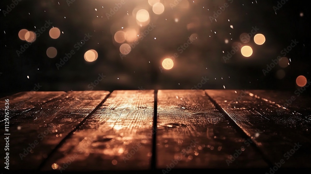 Poster wood table top with bokeh light effect in dark background