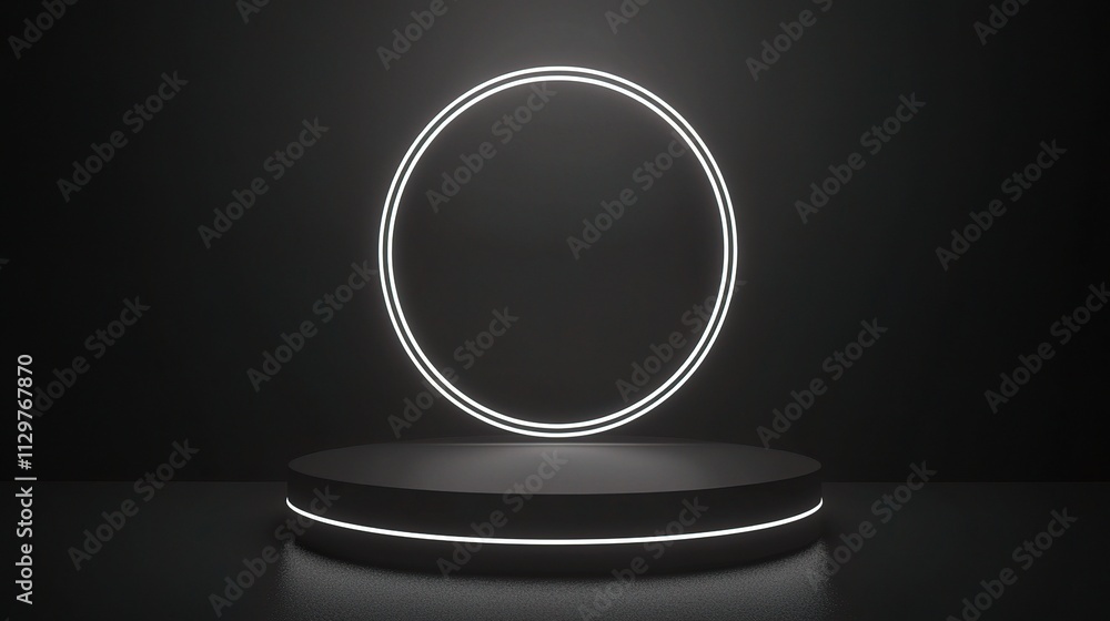 Poster neon gradient podium with empty circle on dark background