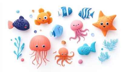 Naklejka premium Cute 3D sea creatures, including jellyfish, octopus, and fish, creating a lively underwater collection, on a white backdrop