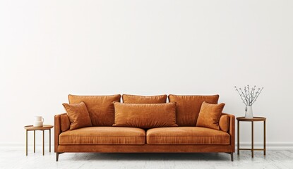 Minimalist living room interior with brown leather sofa. two side tables. and vase with dried flowers against a white wall