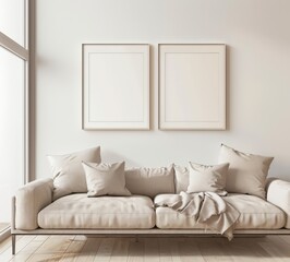 Minimalist living room interior with a beige sofa. two framed pictures. and a wooden floor