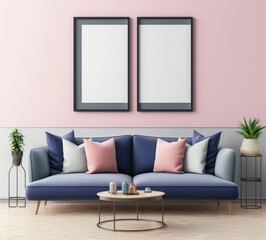 Fototapeta premium Minimalist living room with a blue sofa. two empty frames on a pink wall. a coffee table. and two plants
