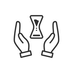 Obraz premium タイパを現す砂時計と手のひらのベクターアイコン(線画・白黒)