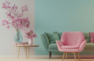 A pink armchair and green sofa in a living room with a white and blue wall and pink flowers