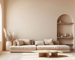 Minimalist living room with a large beige sofa. wooden coffee table. and an arched niche with shelves