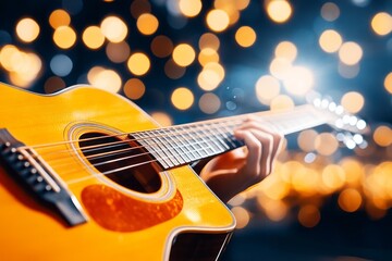 Naklejka premium Musician playing acoustic guitar on stage with bokeh lights