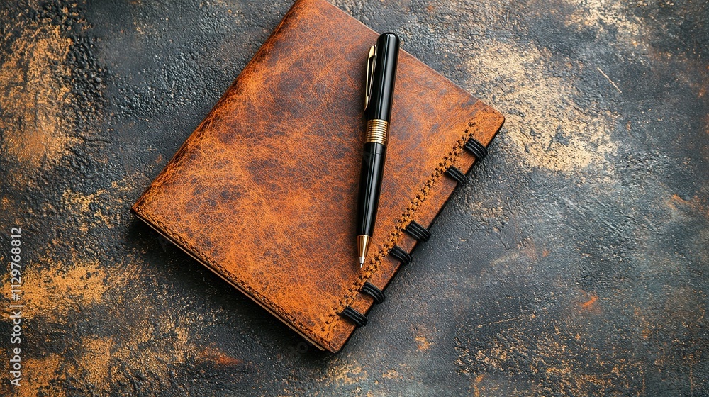 Poster flat lay view of workspace with tablet and pen on rustic table