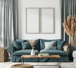 Modern living room interior with a teal sofa. two framed posters. a coffee table. and dried pampas grass in a vase