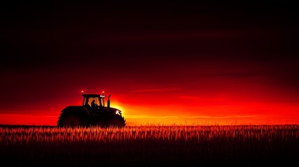 Fototapeta premium Tractor silhouetted against a fiery sunset over a field.