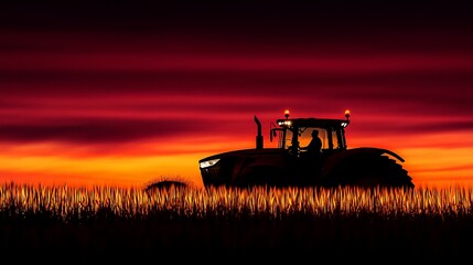 Fototapeta premium Silhouette of tractor working in field at sunset.