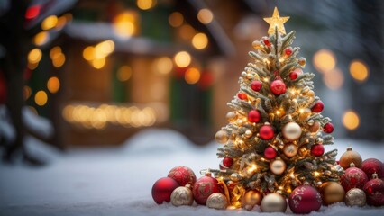 Blurry Christmas Tree with Bokeh Lights: "A soft-focus Christmas tree with glowing bokeh lights in the background. The lights on the tree are blurred into beautiful orbs of warm colors&mdash;reds, greens, a