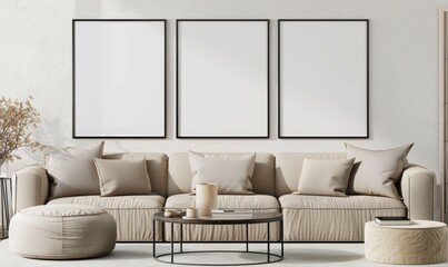 Minimalist living room with a beige sofa. three empty frames. a coffee table. two ottomans and a vase