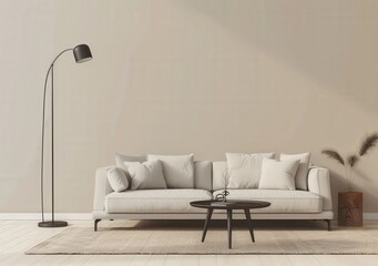Minimalist living room interior with a white sofa. coffee table. floor lamp. and a beige wall