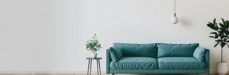 Minimalist living room with a teal sofa. a plant. and a pendant light against a white wall