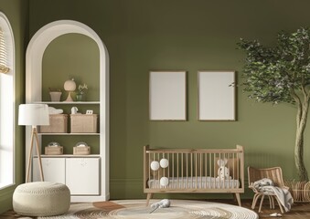 Modern nursery interior with crib. armchair. and shelves. featuring a green wall and a large window