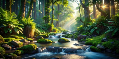Fototapeta premium Immersive forest stream animation: perfect seamless looping background for urban exploration videos.