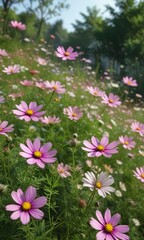 Fototapeta premium A delicate composition of cosmos flowers swaying in the breeze, amidst lush greenery and vibrant blooms, nature scenes, floral focus