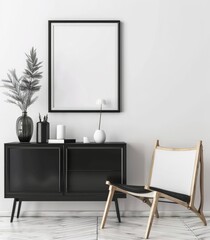 A black sideboard with a white chair and a black framed picture above it against a white wall