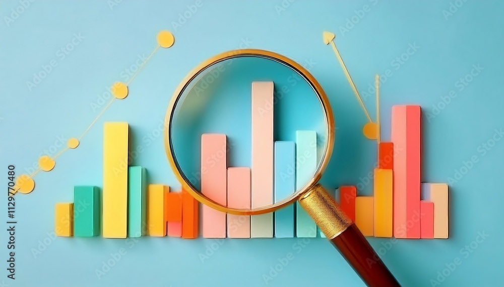 Poster a colorful bar graph is magnified by a magnifying glass, illustrating data analysis and visualizatio
