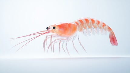 Playful 3D shrimp with tiny legs and a bright pink body, swimming underwater, on white