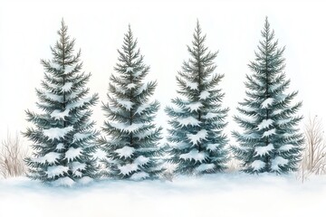 Fototapeta premium Winter spruce forest scene with snow covered trees. Hand drawn watercolor illustration. Winter landscape. Forest with snow covered spruces. Snowy winter trees. Quiet winter forest. Nature scene. Cold