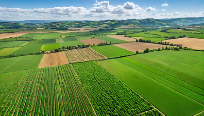 An aerial view of a patchwork of farmland stretching to the horizon, showcasing distinct rows of vibrant crops in alternating colors of green, gold, and brown.