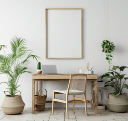 Minimalist home office with wooden desk. chair. and plants