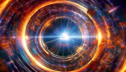 Obraz premium A vibrant, circular pattern of light and color, radiating from a bright center, evoking themes of energy, movement, and cosmic phenomena.