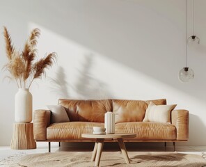 Minimalist living room with a brown leather sofa. a wooden coffee table. and a vase of dried pampas grass