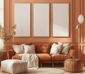 A living room interior with a brown sofa. three blank frames. and a throw blanket on the sofa