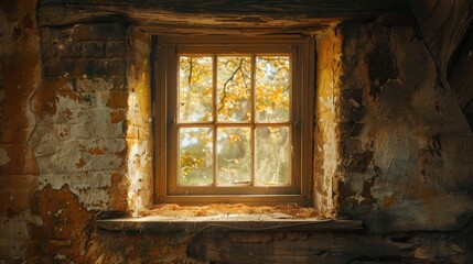 Old weathered window autumn leaves sunlight