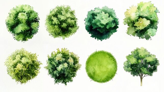 Watercolor illustrations of various trees, grass tops. Ideal for landscape design layouts, architectural plans. Different tree shapes, sizes. Nature elements for eco friendly projects. Helpful visual