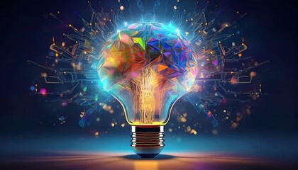 A vibrant light bulb emits colorful sparks and digital elements, symbolizing creativity, innovation, and inspiration in a futuristic setting.