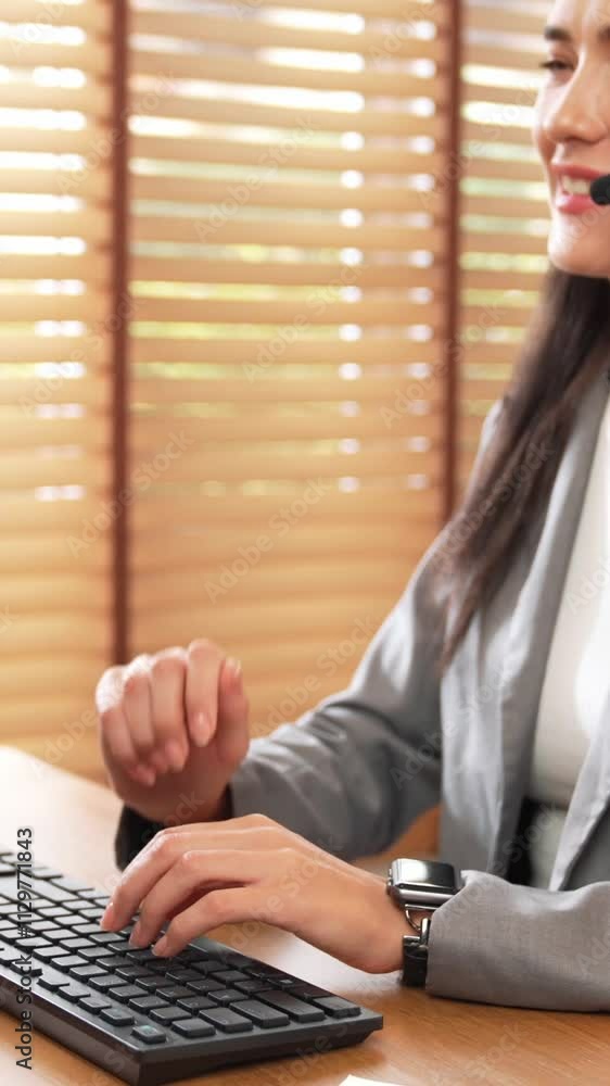 Aufkleber female call center operator or customer service helpdesk staff working on workspace while talking on