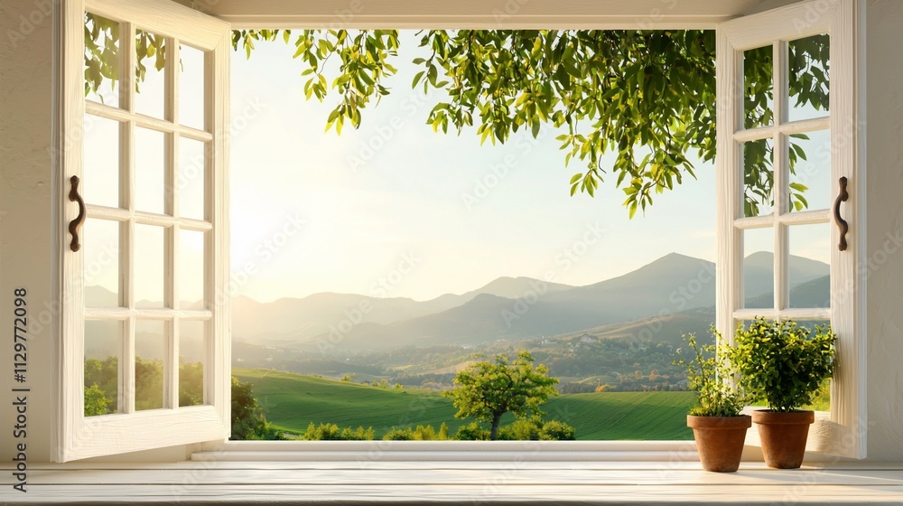 Poster open window view of sunlit mountains and fields.