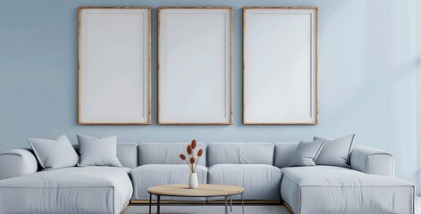 A modern living room interior with a sectional sofa and three empty picture frames on a blue wall
