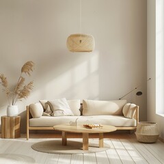 Minimalist living room with a beige sofa. a round coffee table. and a wicker pendant lamp