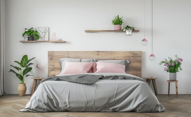 Minimalist bedroom interior design with wooden headboard. grey bedding. pink pillows. and wooden shelves