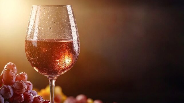  Glass of chilled pink wine with condensation paired with fresh red grapes on a warm and elegant background.