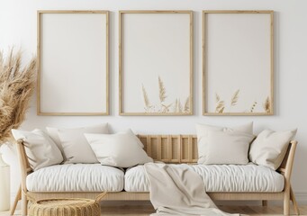 Minimalist living room with white sofa. wooden frame. and pampas grass
