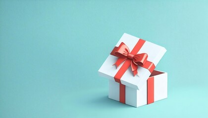 A white gift box with a red ribbon sits open against a turquoise background, evoking a sense of anticipation and celebration.