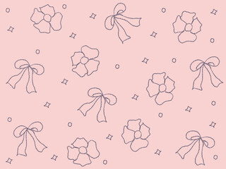 seamless pattern with ribbon and flower. hand drawn outline on holiday season vibes background. high resolution for design with a whimsical and enchanting pink theme