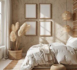 Cozy bedroom interior with a bed. pampas grass. wicker basket. and three empty frames on the wall
