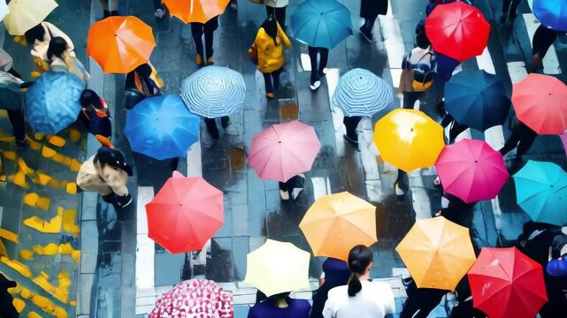 Aerial view of pedestrians with colorful umbrellas crossing a city street on a rainy day. Perfect for weather, city life, and travel projects.. AI Generation