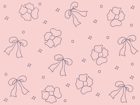 seamless pattern with ribbon and flower. hand drawn outline on holiday season vibes background. high resolution for design with a whimsical and enchanting pink theme