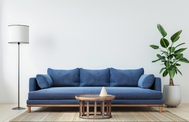 Minimalist living room interior with a blue sofa. a wooden coffee table. a floor lamp. and a potted plant